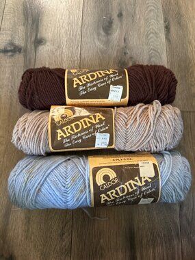 Caldor Ardina Acrylic & Wool Yarn Lot Of 3 Chocolate Camel Mist Blue Mist 4-Ply